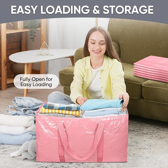 TICONN 2 Pack Extra Large Moving Bags with Zippers & Carrying Handles, Heavy-Duty Storage Tote Moving Boxes for Space Saving (2 Pack, Coral)