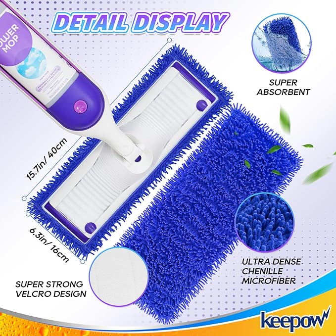 KEEPOW Power Mop Refills for Swiffer - Power Mop Reusable Pads Compatible with Swiffer PowerMop Multi-Surface Mop Kit for Floor Cleaning, Microfiber Washable Mop Pads for Wet&Dry Mopping (2 Pack)