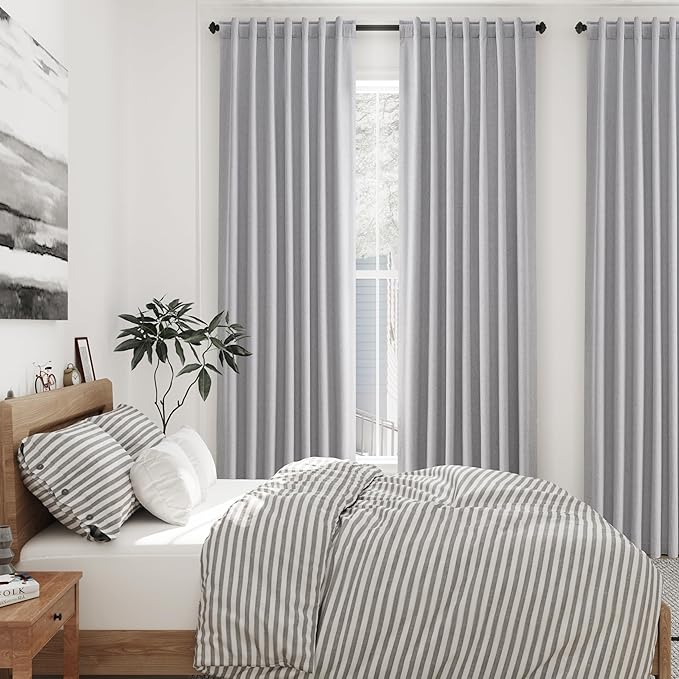100% Blackout Linen Curtains 90 inch Length 2 Panels for Living Room Loop Pocket Pinch Pleated Black Out Drapes Grey Heat Reducing Total Blackout Window Curtains for Bedroom 90 inches Long