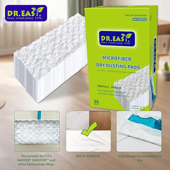 Dr.Easy Microfiber Dry Sweeping Cloths,36ct Disposable Mopping Pads Refil Pack,fits SWIFFER Sweeper and Other Electrostatic Mop Heads .Bigger Size 8.8X11in,Catch& Lock Dirt & Hair.