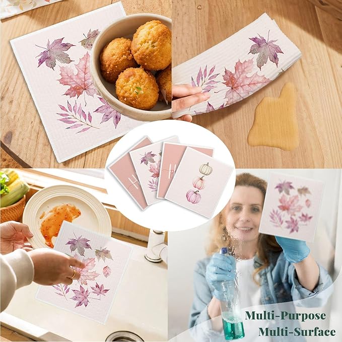 Pink Fall Pumpkin Swedish Dishcloths for Kitchen Cloths Towels, Pumpkin Maple Leaves Farm House Gifts 4 Pack Dish Cloths for Kitchen, Papaya Reusable Cleaning Paper Towels Washable