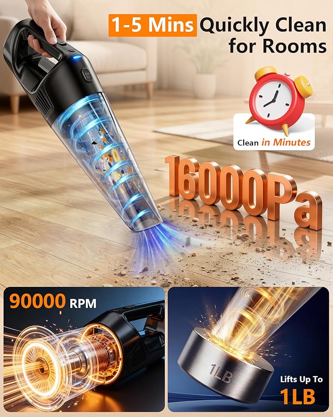 Handheld Vacuum Cordless Rechargeable with Charging Dock - 16000Pa Ultra-Strong Suction, Portable & Lightweight, Fast Charging, LED Light, 1000ML Super-Large Dust Cup, Long Battery Life for Home
