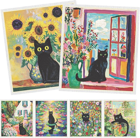 Swedish Dishcloths for Kitchen, 6 Pack Oil Painting Black Cat Reusable Paper Towels Washable, Absorbent Dish Rags for Washing Dishes Housewarming Gifts