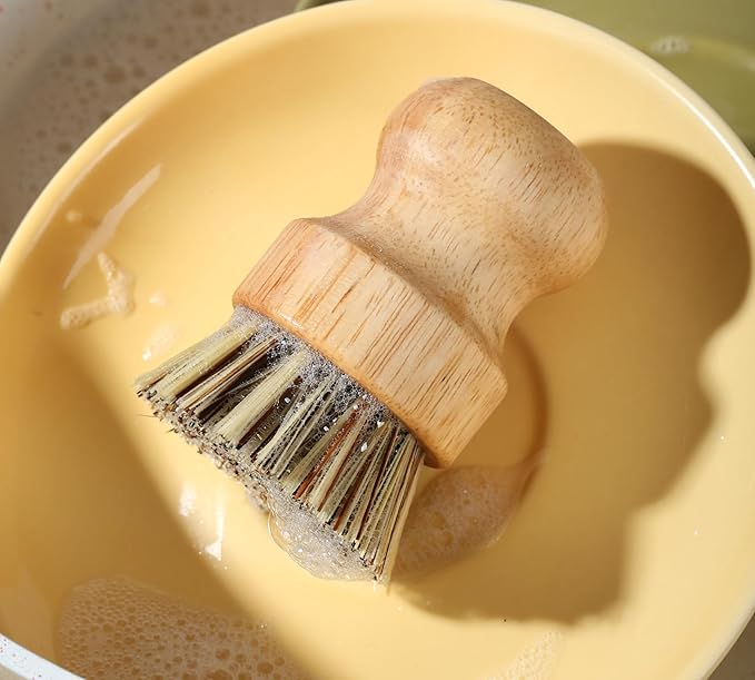 Bamboo Palm Pot Brush.Kitchen Mini Round Dish Brush,Natural Scrub Brush Cleaning Kit for Skillet,Washing Dishes,Vegetables,Pots, Pans. (1x Hard Bristle+1x Sisal with Ceramics Base,Draining Rack)