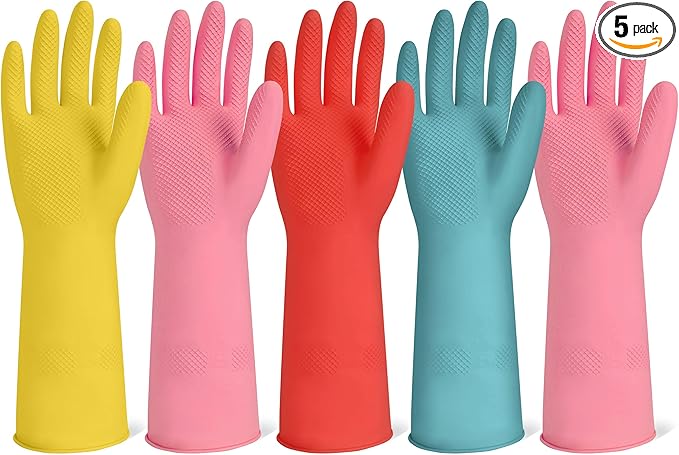 Rubber Cleaning Gloves for Dishwashing-5 Pairs Colorful Reusable Household Cleaning Glove for Washing Dishes and Kitchen Cleaning Non-Slip Grip Dish Gloves for Women Men (Small)