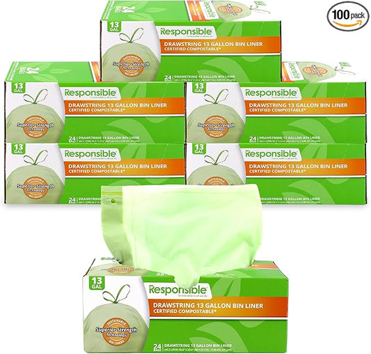 Responsible Products Kitchen Bin Liners, Certified Compostable, Heavy Duty Multipurpose Food Scrap Bags, Made from Compostable Materials (13 Gallon, 13 Gallon (120 Count))