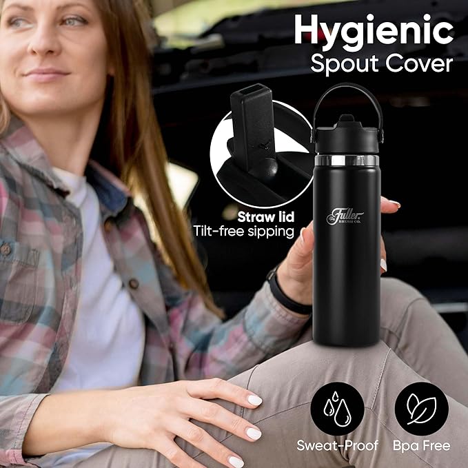 Fuller Stainless Steel Water Bottle with Straw Lid – BPA-Free, Sweat-Proof, Leak-Proof Travel Mug – Double Wall Insulated for Hot & Cold Drinks – Carry Handle (Black, 20 Oz.)