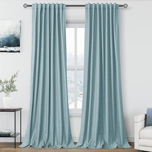 Light Blue Linen Blackout Curtains 108 Inches Long 2 Panel Set for Living Room Back Tab Pocket Drapes Cotton Textured Room Darkening Light Blocking Curtain for Bedroom Cottage High Window 52x108