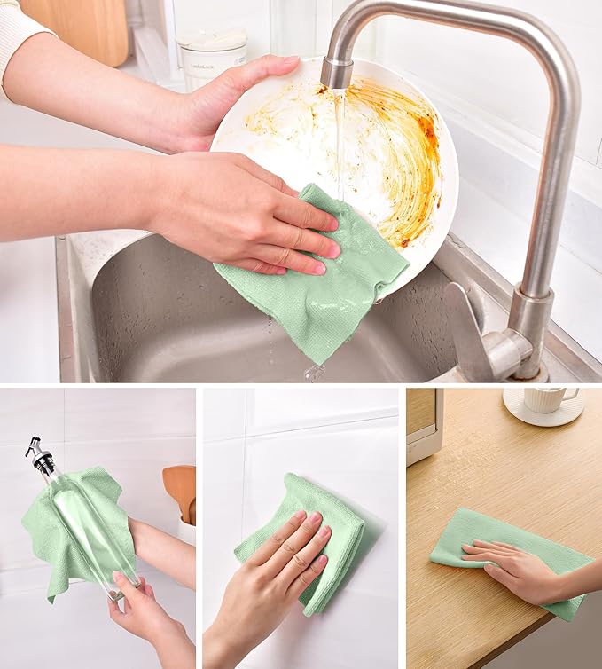 KitchLife Microfiber Cleaning Cloth Roll, 100 Pack - Tear-Away Microfiber Paper Towels, Lint-Free, Reusable, Washable for Kitchen, Car, Dishes, and Sensitive Surfaces (Bean Green)