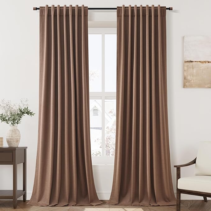 Caramel Brown Linen Blackout Curtains 120 Inch Length 2 Panels Set Burg Extra Long 10 Ft Back Tab Pocket Drapes Cotton Textured Total Sun Blocking Curtains for Living Room Cottage High Window 52x120