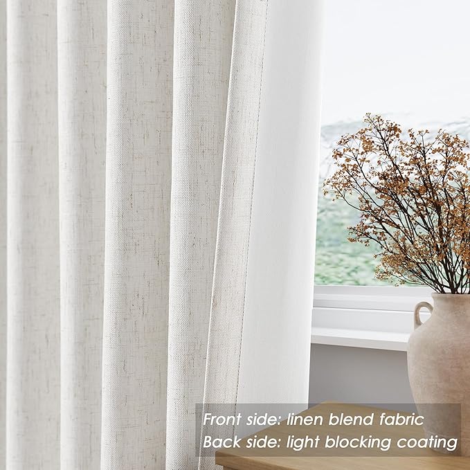 100% Blackout Linen Curtains 90 inch Length 2 Panels for Living Room Loop Pocket Pinch Pleated Black Out Drapes Cream Colored Heat Reducing Total Blackout Window Curtains for Bedroom 90 inches Long