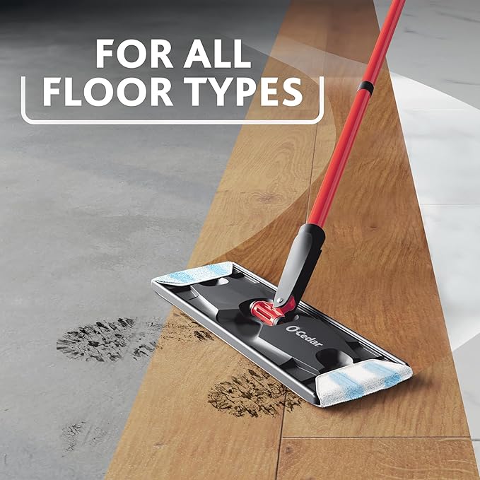 O-Cedar H2prO Flat Mop System | Quick Cleaning Tool | Clean with Clean Water | Machine Washable Reusable Microfiber Mop Pad | Safe on Wood Floors, Vinyl, Tile, Baseboards, Walls