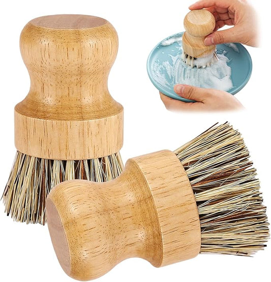 2er Pack Palm Pot Brush- Bamboo Round Mini Dish Brush Natural Scrub Brush Durable Scrubber Cleaning Kit with Union Fiber and Tampico Fiber for Cleaning Pots, Pans and Vegetables (A, L)
