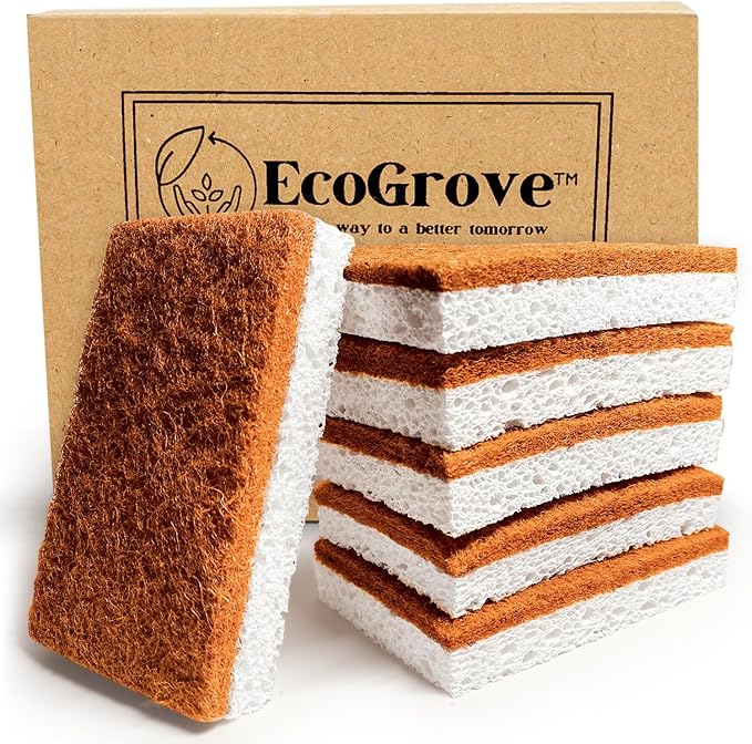BPA Free Premium 6-Pack Biodegradable Natural Kitchen Dish Sponge Vegan Plant-Based All-Natural Non-Scratch Coconut Fiber & Wood Cellulose sponges Eco-Friendly Organic EcoGrove