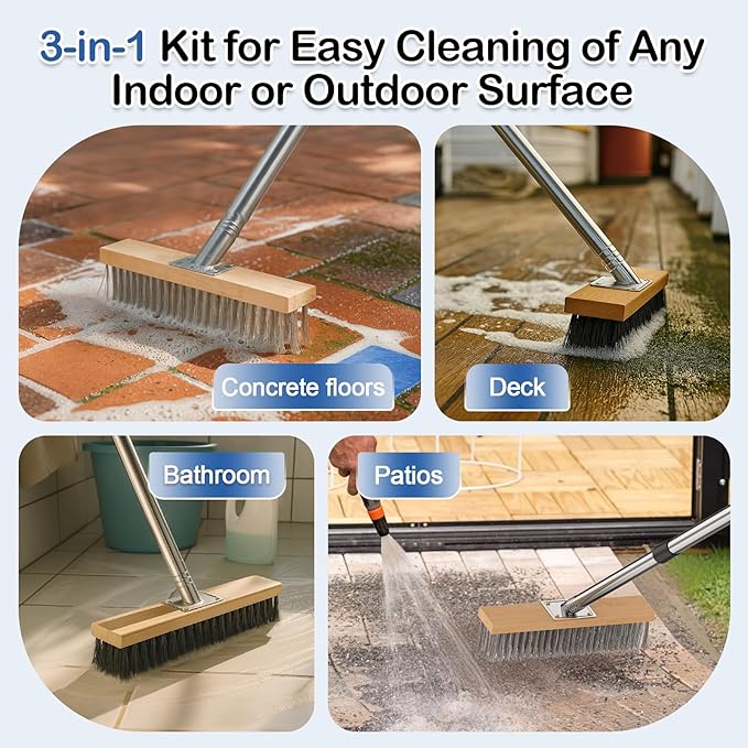 3-in-1 Deck Brush Kit Include Stainless Steel Wire Broom Brush with Long Handle, Floor Scrubber Brush & Crack Weeder Tool for Cleaning Outdoor Broom, Concrete, Garage, Patio, Swimming Pool