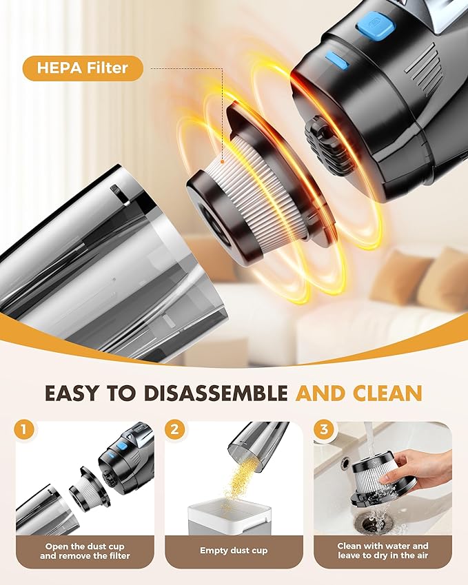 ZIHUOFAN Handheld Vacuum Cordless 25000PA Powerful Suction, Car Vacuum Portable Cordless（Dark Gray+Blue）
