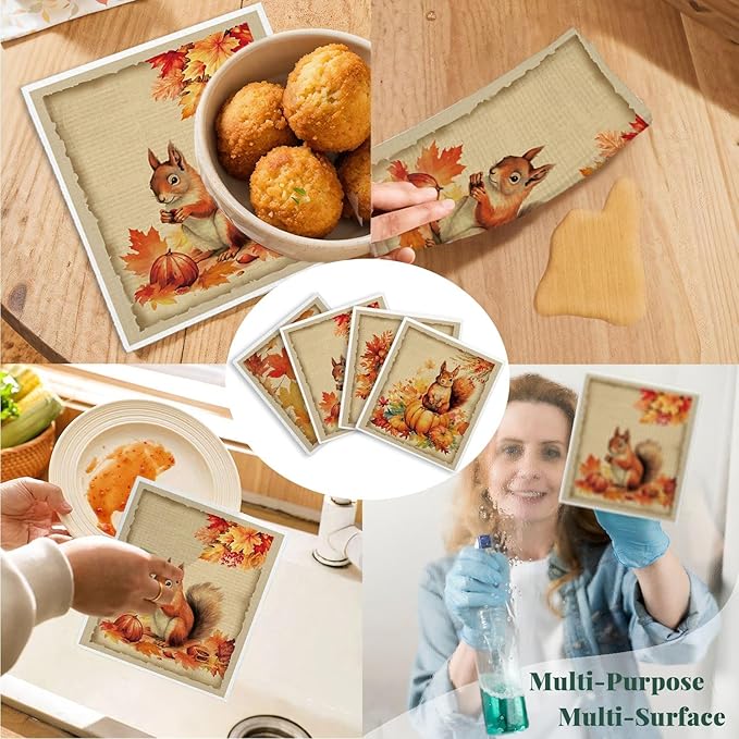 Swedish Dishcloths for Kitchen Cloths Towels, Cute Squirrel Fall Pumpkin Maple Leaves Gifts 4 Pack Dish Cloths for Kitchen, Vintage Autumn Papaya Reusable Cleaning Paper Towels Washable