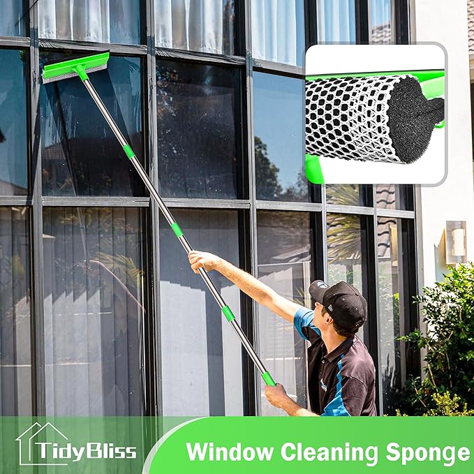 TidyBliss Window Squeegee Professional, 56” Car Windshield Glass Cleaner Tool with Extension Pole, Long Handle Household 10 inches Washer Sponge Scrubber Kit for Cleaning Home Mirror Outdoor (Green)