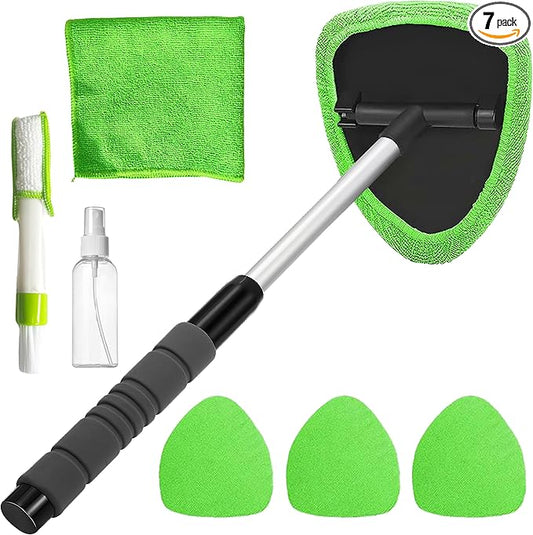 IIUIKOO Windshield Cleaner Tool with Extendable Handle, Car Window Cleaning Kit for Inside & Outside Glass, Includes Microfiber Pads, Brush & Bottle (7 Pcs, Green)