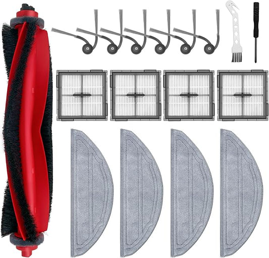 17 Pack Replacement Accessories Parts for Roborock Q10 S5+/ Q10 S5/ Q10 X5/ Q10 X5+ Robot Vacuum Cleaner Kits, with 1 Main Brush, 4 HEPA Filters, 4 mop Pads, 6 Side Brush, 1 Cleaning Tool +Screwdriver