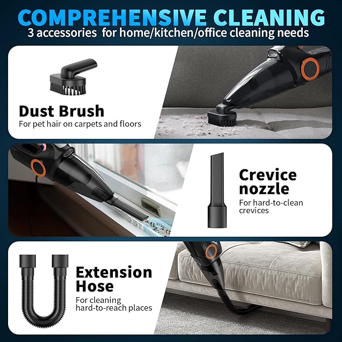 NHOWIN Handheld Vacuum Cordless, 9500PA Portable Handheld Vacuum with LED Light & 2 Filters Powerful Suction Car Vacuum Rechargeable Hand Held Vacuum Cordless for Home Office Kitchen Car Pets