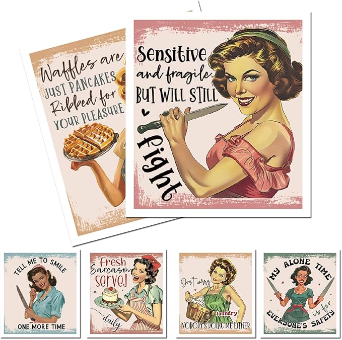 Retro Housewife Dish Cloths for Kitchen, 6 Pack Funny Sarcastic Reusable Swedish Dish Cloths, Absorbent Fast Drying Sponge Cleaning Cloth Towels Wipes for Cooking Home Decoration Housewarming Gift
