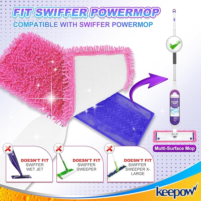 Reusable Power Mop Refills Pads Compatible with Swiffer PowerMop Mop - Microfiber Power Mop Pads Refill for 13 ''-15 '' Spray Mop- Washable Pads for Multi-Surface Floor Cleaning, 4 Pack