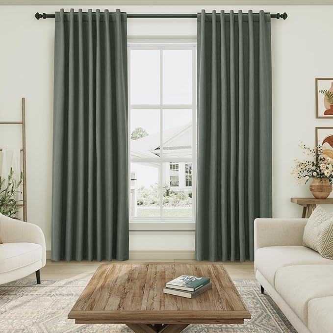 Olive Green Linen Blackout Curtains 84 Inches Long Back Tab Burlap Flax Bedroom Blackout Curtains 2 Panel Sets Rustic Farmhouse Full Light Blocking Thermal Insulated Curtain 84 Inch Length 52x84