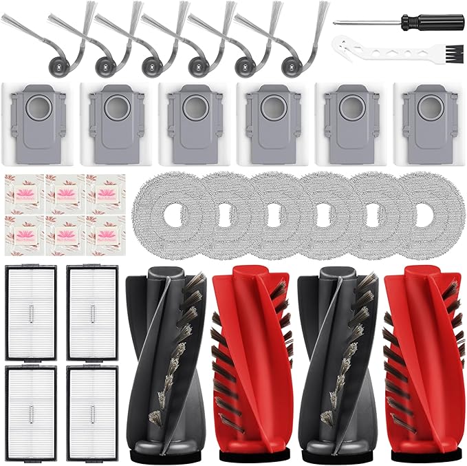 Bpbdzz 34set Qrevo CurvX Accessories for Roborock Saros 10R Robot Vacuum 4 Main Brushes, 4 Filters, 6 Mop Pads, 6 Dust Bags & Scented Tablets, 6 Side Brushes, 1 Cleaning Brush, 1 Screwdriver