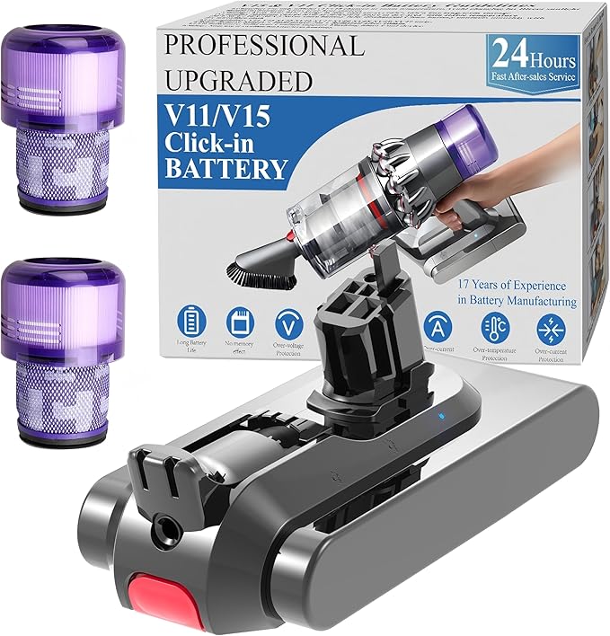 BOTKK Professional 8500mAh V15 Battery Replacement for Dyson V15 Detect/Detect Absolute/ V15s Detect Submarine/ SV22/ SV47/ V11 Click-in Vacuum Cleaners 2 Filters Included