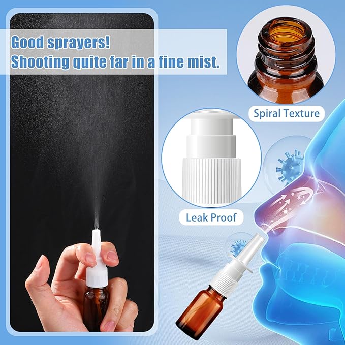 20 Pcs Nasal Spray Bottle, 10ML/0.35OZ 12Pcs Glass Brown Nasal Spray Bottles Empty with 4 Pcs Funnels and 4 Pcs Labels