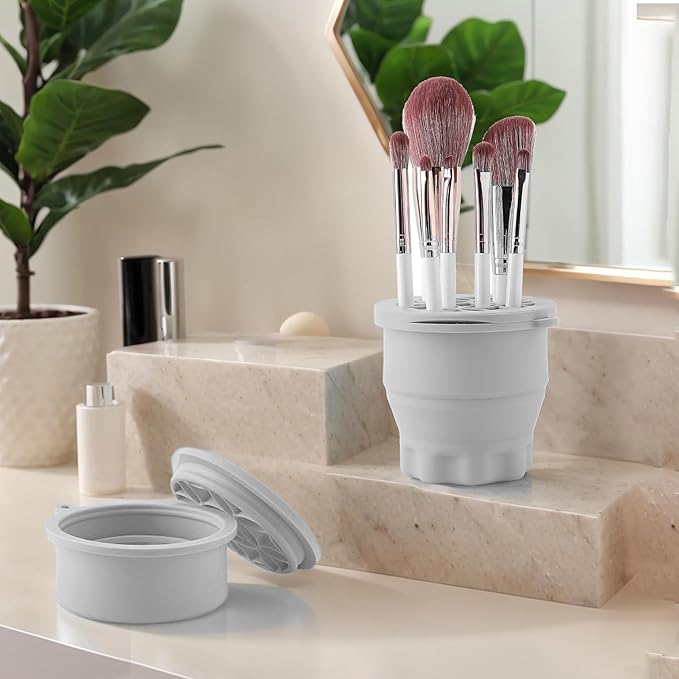 Makeup Brush Cleaner - Foldable Silicone Makeup Brush Cleaner Mat with Brush Storage Holder Makeup Brush Cleaning Bowl Cosmetic Brush Washing Tool for Cleaning Organizer and Drying (Grey)