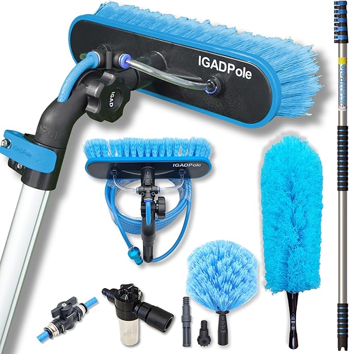 IGADPole 20 FT Water-Fed Cleaning Kit – Extendable Telescopic Pole with Soap-Dispenser, Brush & Cobweb Duster, Adjustable 5-20 FT Handle for Safe High Window, Gutter, Solar Panel & Exterior Cleaning