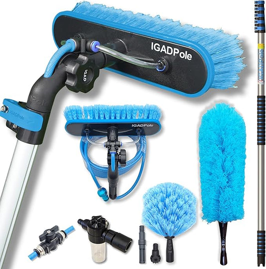 IGADPole 20 FT Water-Fed Cleaning Kit – Extendable Telescopic Pole with Soap-Dispenser, Brush & Cobweb Duster, Adjustable 5-20 FT Handle for Safe High Window, Gutter, Solar Panel & Exterior Cleaning