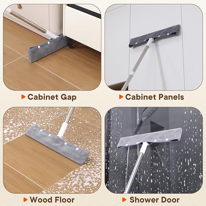 Floor Squeegee for Concrete Floors, 180° Rotating Silicone Broom, Squeegee for Floor with a 62" Handle, Includes 2 Cleaning Cloths, Water and Pet Hair Remover for Bathroom Floors, Tile, Deck and Glass