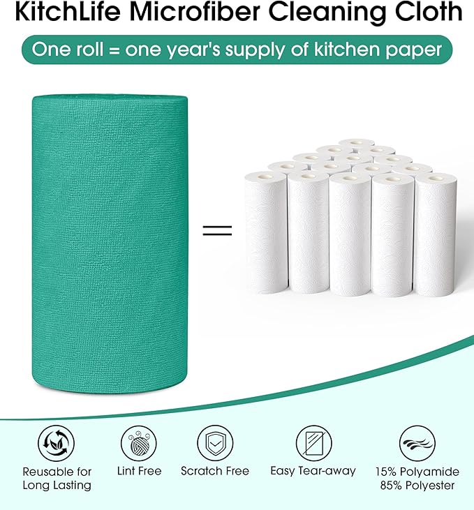 KitchLife Microfiber Cleaning Cloth Roll, 100 Pack - Tear-Away Microfiber Paper Towels, Lint-Free, Reusable, Washable for Kitchen, Car, Dishes, and Sensitive Surfaces (Emerald Green)