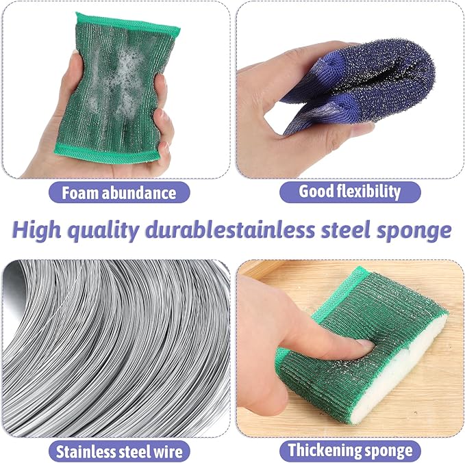Qianyu 30 PCS Steel Scrub Sponges Steel Scrubber for Dishes Wash Dish Sponge Non-Scratch Cleaning Sponges Scrubbing Pads Heavy Duty Scrubber Hard Surface Cleaning Tool for Kitchen Dish Pan Pot Stains