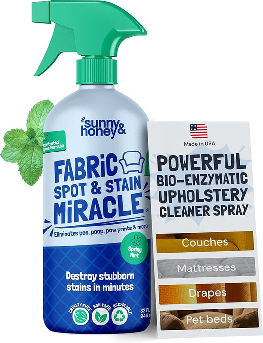 Sunny & Honey Upholstery Cleaner Spray - No Discoloration - Pet & Kid Safe Stain Remover - Multi-Surface Furniture & Sofa Cleaner Spray - Fast-Drying Pet Stain Remover (32 fl oz, Mint)