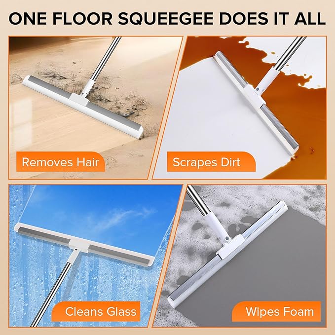 65" Long Handle Silicone Floor Squeegee -180° Rotating Head with Adjustable Handle, Removes Foam, Water Stains & Pet Hair, Ideal for Tile, Marble, Wood Floors, Glass, Shower, Kitchen & Bathroom