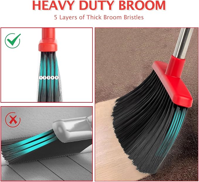 XXFLOWER Broom and Dustpan Set with Long Handle, Heavy Dust Broom and Dustpan Combo for Home，Kitchen, Office, Pet Hair (Black Red)