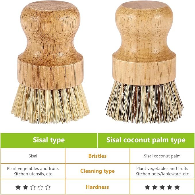 Natural Wooden Dish Brush，Kitchen Bamboo Scrub Brush for Dishes，2 Pack (Style-A, Small)