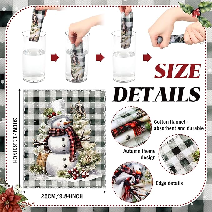 36 Pcs Christmas Reusable Paper Towels Rolls Washable Bulk Christmas Snowman Snowflake Black White Plaid Kitchen Towels Paperless Cloth Cotton Napkins with Cardboard for Kitchen Bathroom