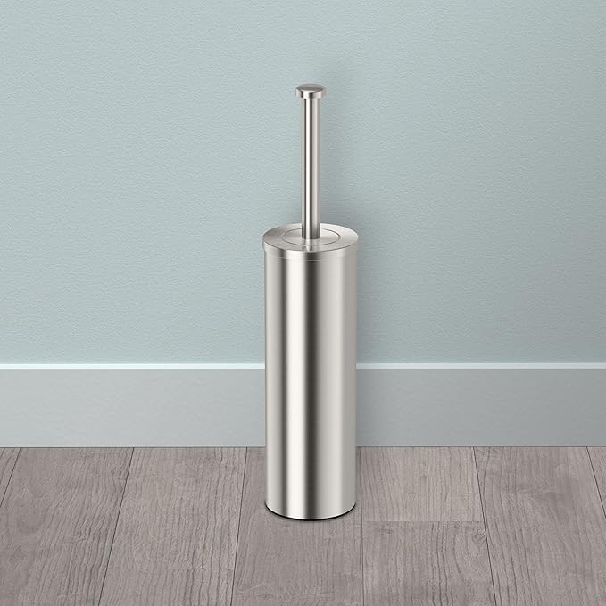 Gatco Modern Round Waste Basket and Toilet Brush Set, Satin Nickel- Stainless Steel Trash Can with Removable Lid, Leakproof, 3 Gallon Capacity for Bathroom, Bedroom, Kitchen, or Office