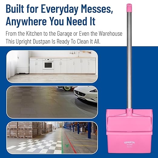 SPARTA Upright Dustpan with Aluminum Handle, Serrated Edge for Broom Combing, Secure Yoke Lock with Easy Storage Hanging Hole for Commercial Cleaning, Plastic, 30 Inches, Pink
