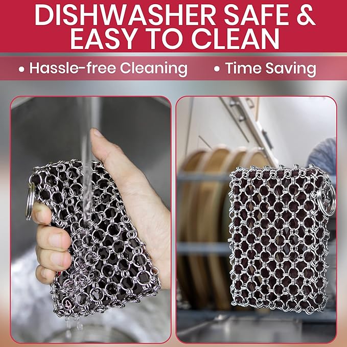 Zylark 316L Cast Iron Scrubber + Scraper Tool - Pan Cleaner Scrubber with Silicone Insert - Cast Iron Cleaning Kit - Chainmail Scrubber for Cookware