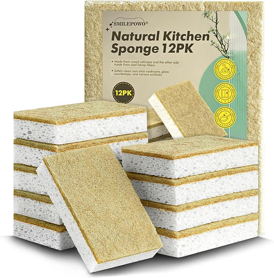 Natural Kitchen Sponge Compostable Kitchen Sponges Cellulose and Coconut Scrubber Abrasive Scrubbing Pads SmilePowo Environmentally Friendly Sponge for Dishes (12 Pack)