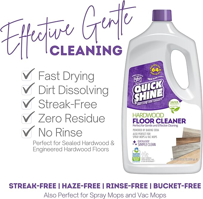 Quick Shine Hardwood Floor Cleaner 64oz, 4Pk| Use in Spray & Vac Mops| Removes Dirt & Scuff Marks| Ready-to-Use, Streak Free, No Rinse| Safer Choice Cleaner| Perfect for Gentle and Effective Cleaning