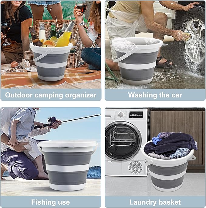 2-Pack Small Collapsible Bucket 1.3 Gal/5L, BPA-Free - Space-Efficient, Portable Foldable Water Pail for Household, Outdoor Use, Car Wash, Camping, Fishing - Grey