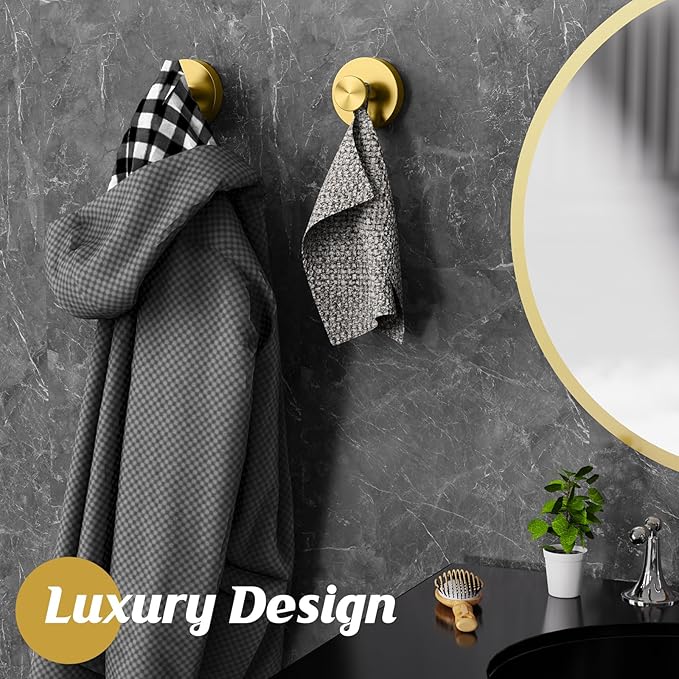 MOTAIPEAK Suction Cup Hooks,No Drill Shower Hooks for Inside Shower,Heavy Duty Towel Hooks for Wall,Bathroom,Kitchen,Glass,Mirror,Tile to Hang Towels,Loofah-Gold(2 Pack)