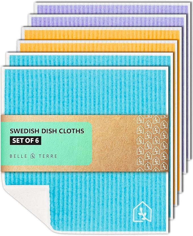 Swedish Dish Cloths for Kitchen - Reusable Dishcloths for Washing Dishes - Each Cellulose Dish Cloth Replaces 15 Rolls of Paper Towels and is More Absorbent than a Sponge - Dishcloth Set of Six